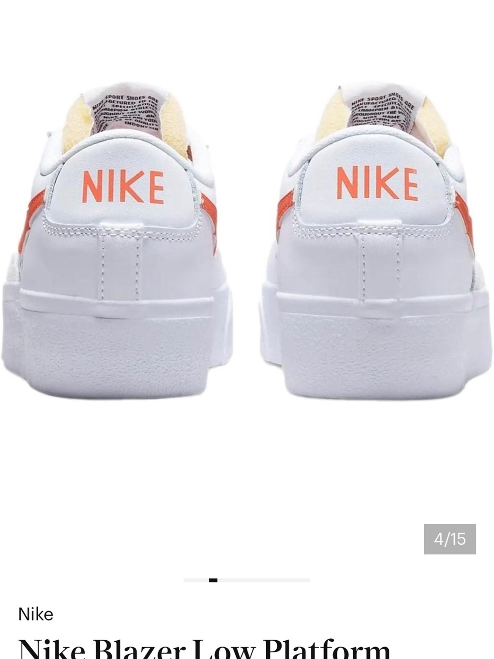 Nike Blazer woman’s  Low Platform Sneakers -  8 White with Orange Swoosh - Picture 5 of 8